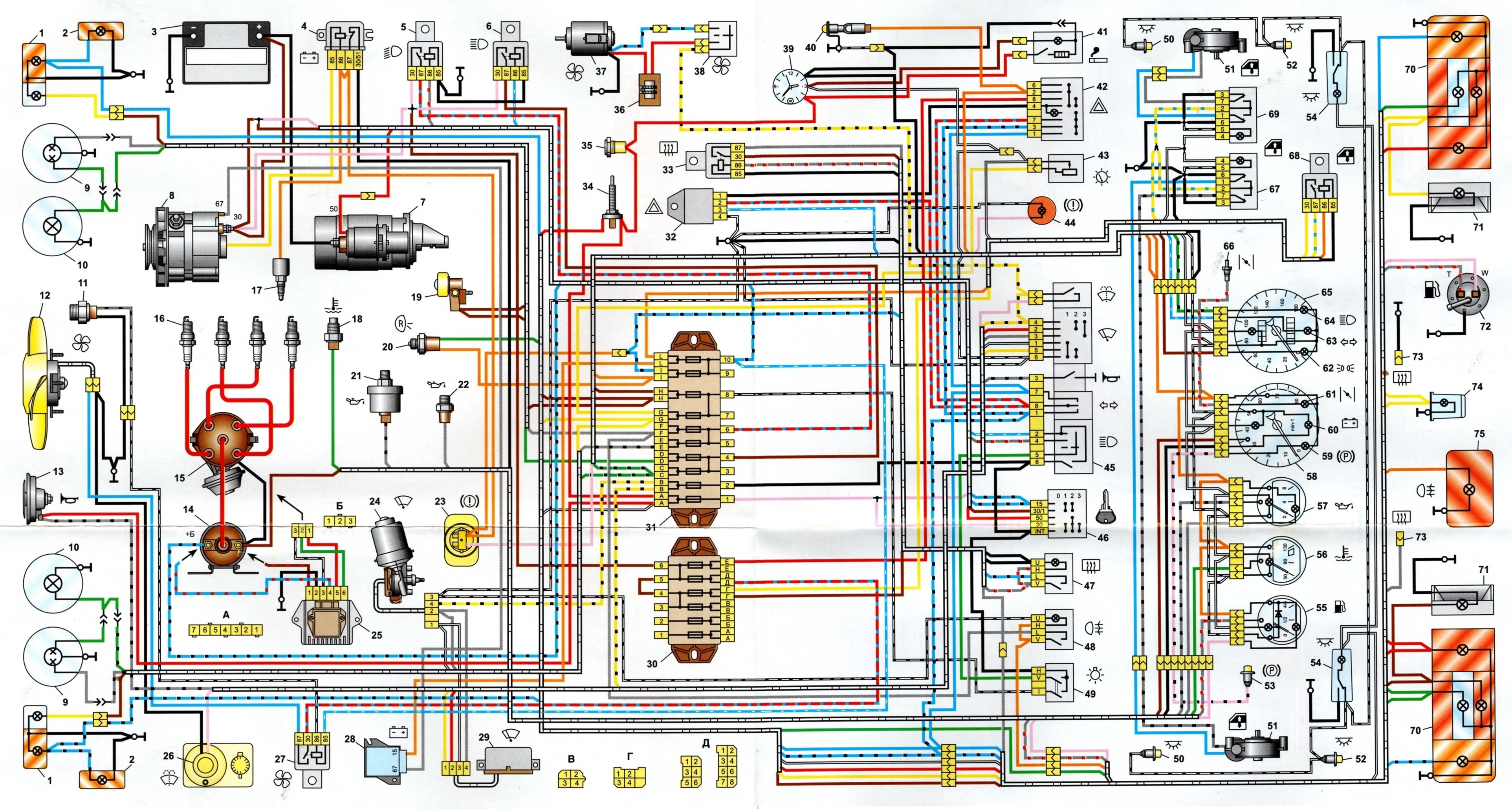 Схема электрооборудования автомобиля ВАЗ 2106, 21061, 21063, 21065 (1988-2001)